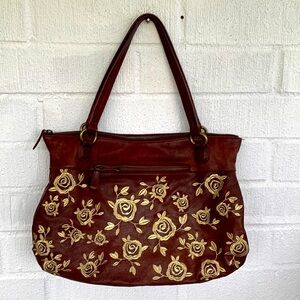 Anthropologie Brown Tote with Gold Floral Embroidery